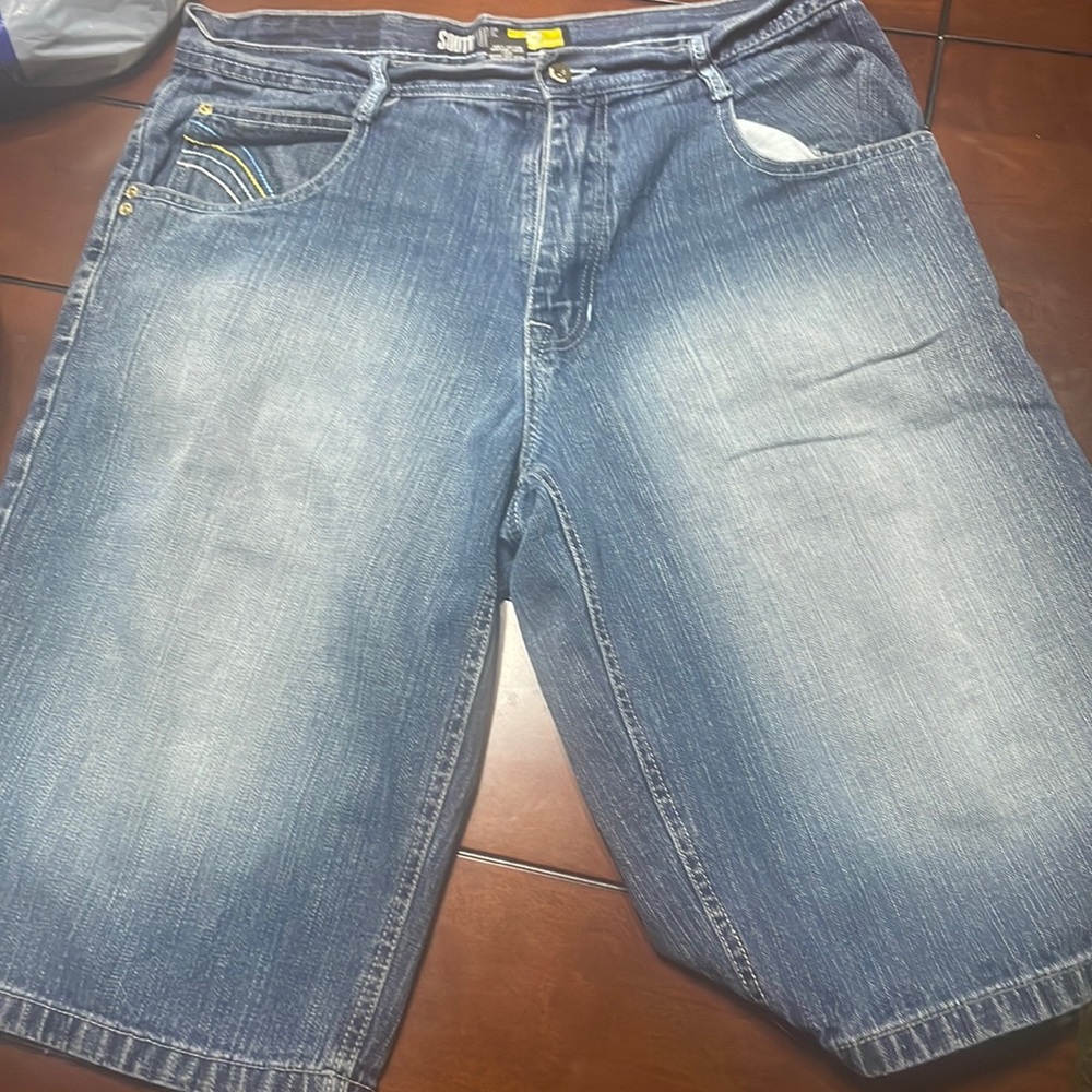 South Pole blue denim jean short with embroidered pockets of blue, yellow, black